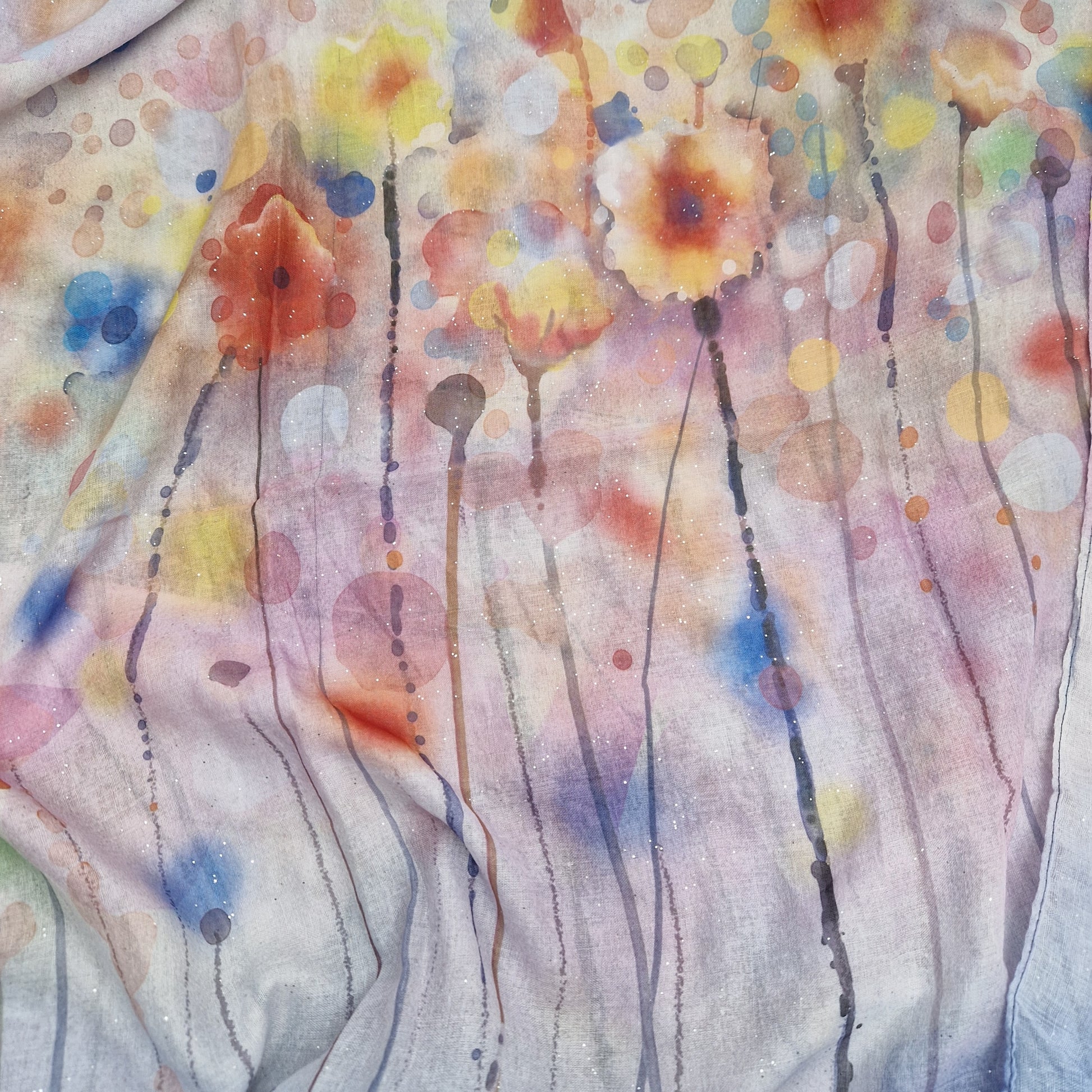 Watercolour poppy print scarf in red, yellow and blue colours