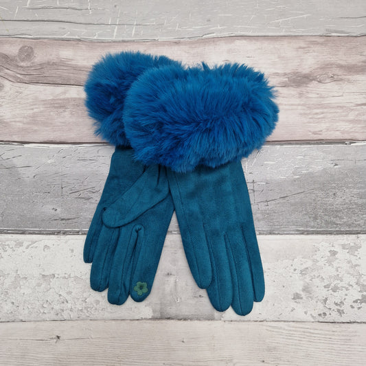 Turquoise coloured gloves with a faux fur cuff