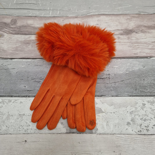 Bright Jaffa Orange coloured gloves with a faux fur trim