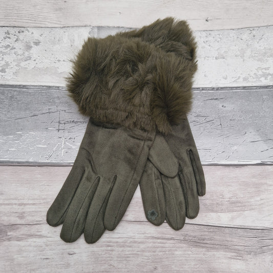 Olive Green Gloves with Faux Fur Trim