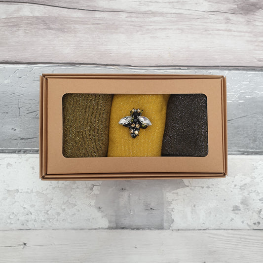 Set of 3 sparkly socks in a gift box with a Bee Brooch.