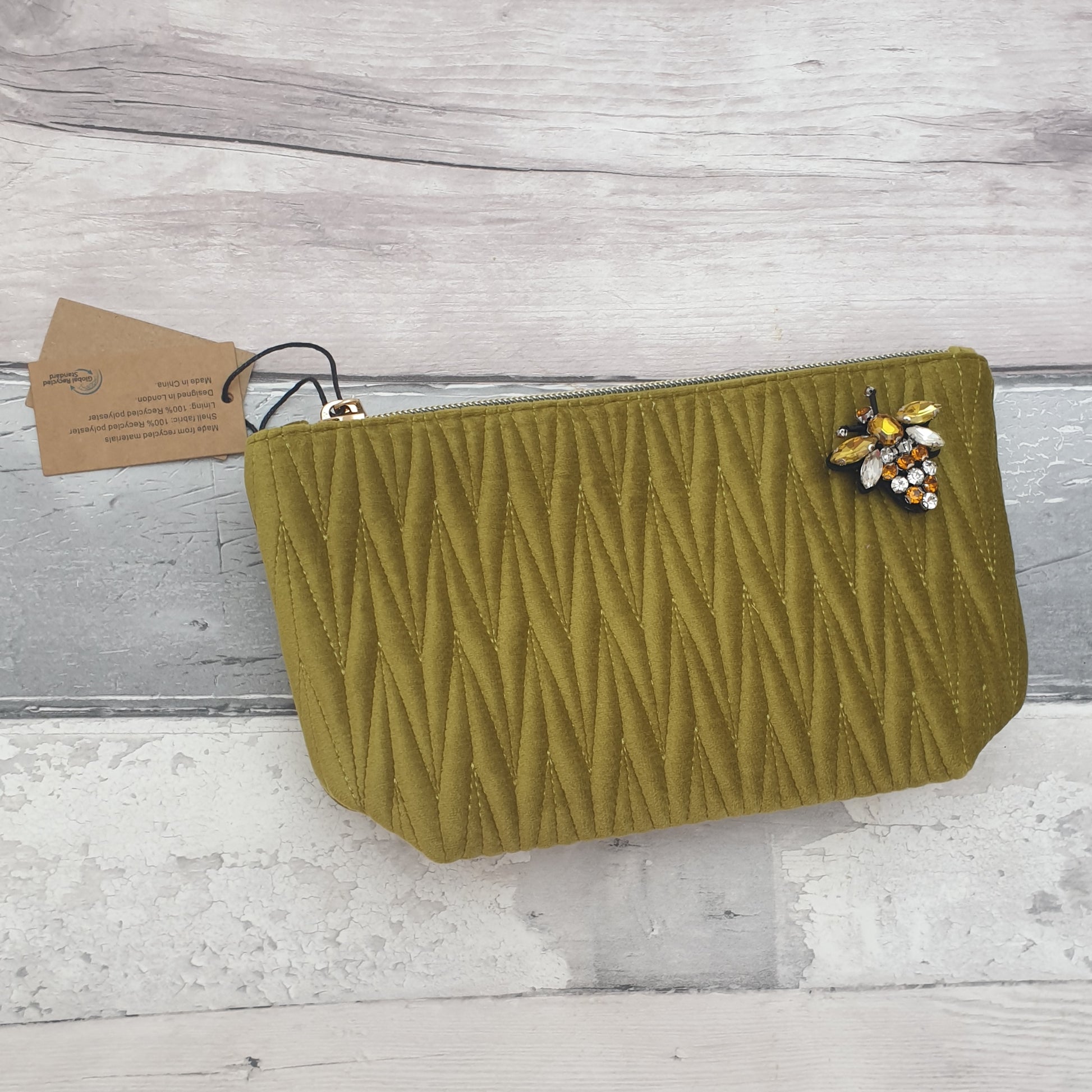 Olive Green Make Up Bag in quilted velvet with a detachable Bee Brooch