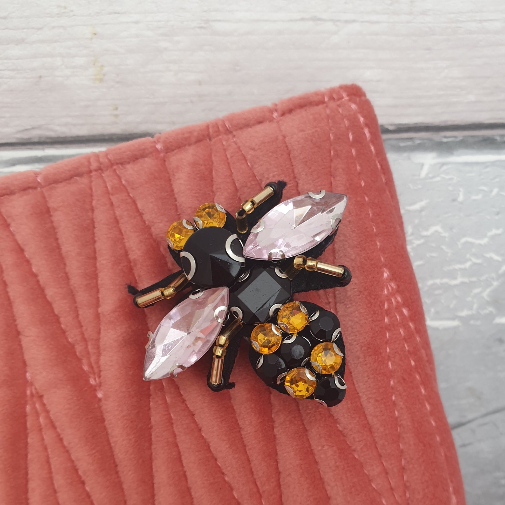 Velvet Quilted Make up bag with detachable Bee Brooch in Gold and Black.