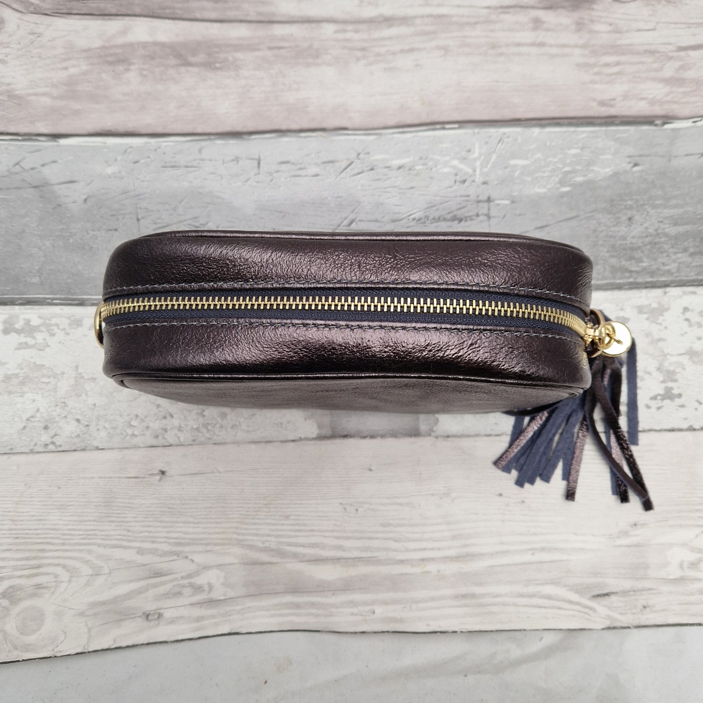Dark Pewter coloured Leather Cross Body Bag with tassel