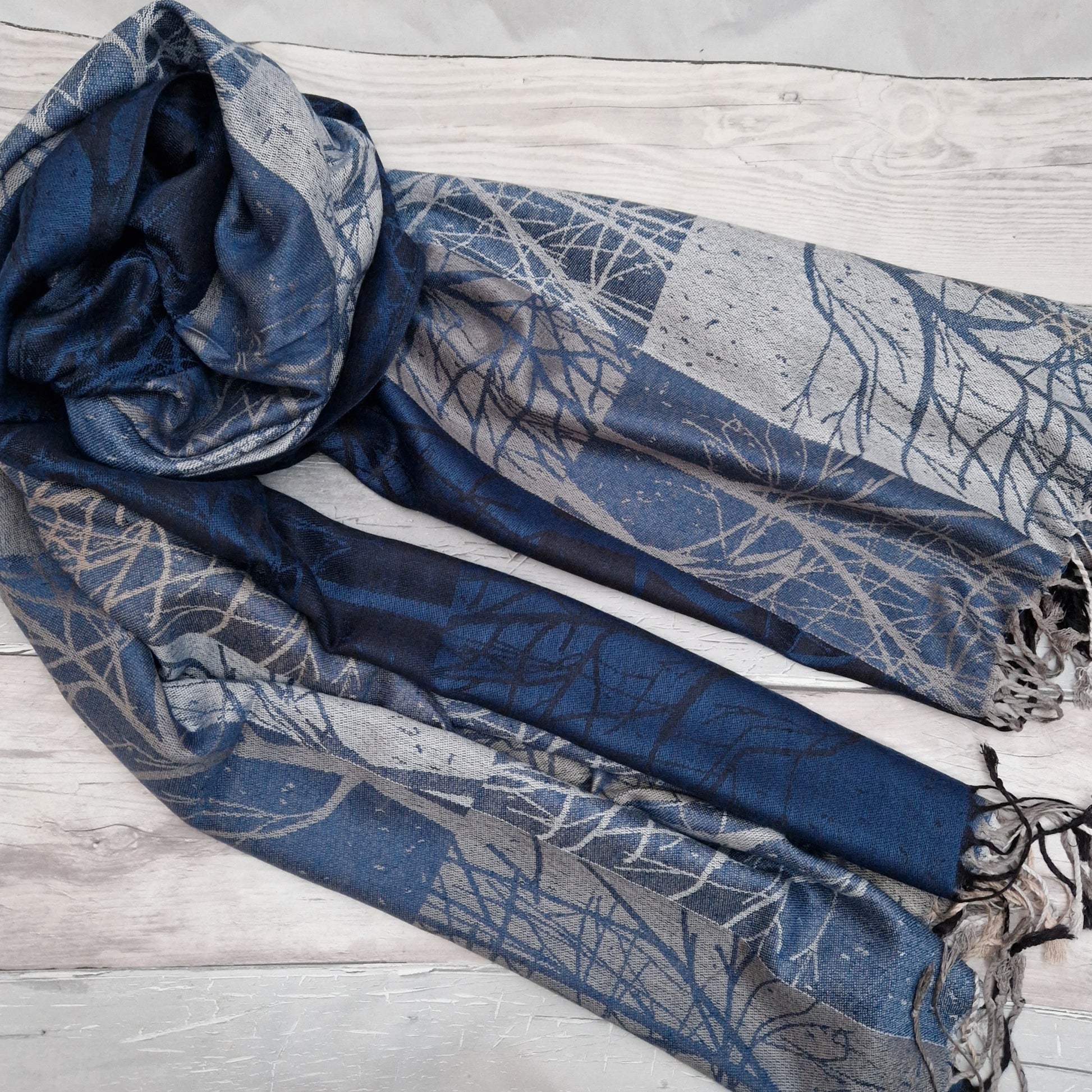 Wood Land forest scarf in blue, silver and bronze colours.