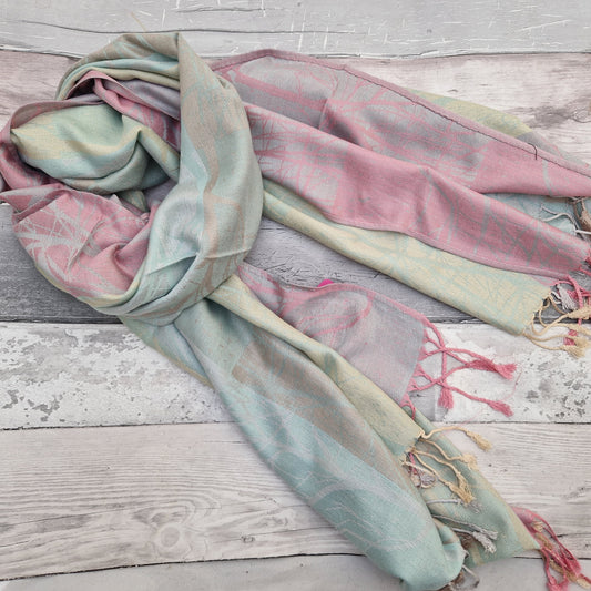 Cashmere blended scarf with woodland tree print. Pretty colour palette of Duck Egg Blue, Pink, Silver Grey and Lemon.