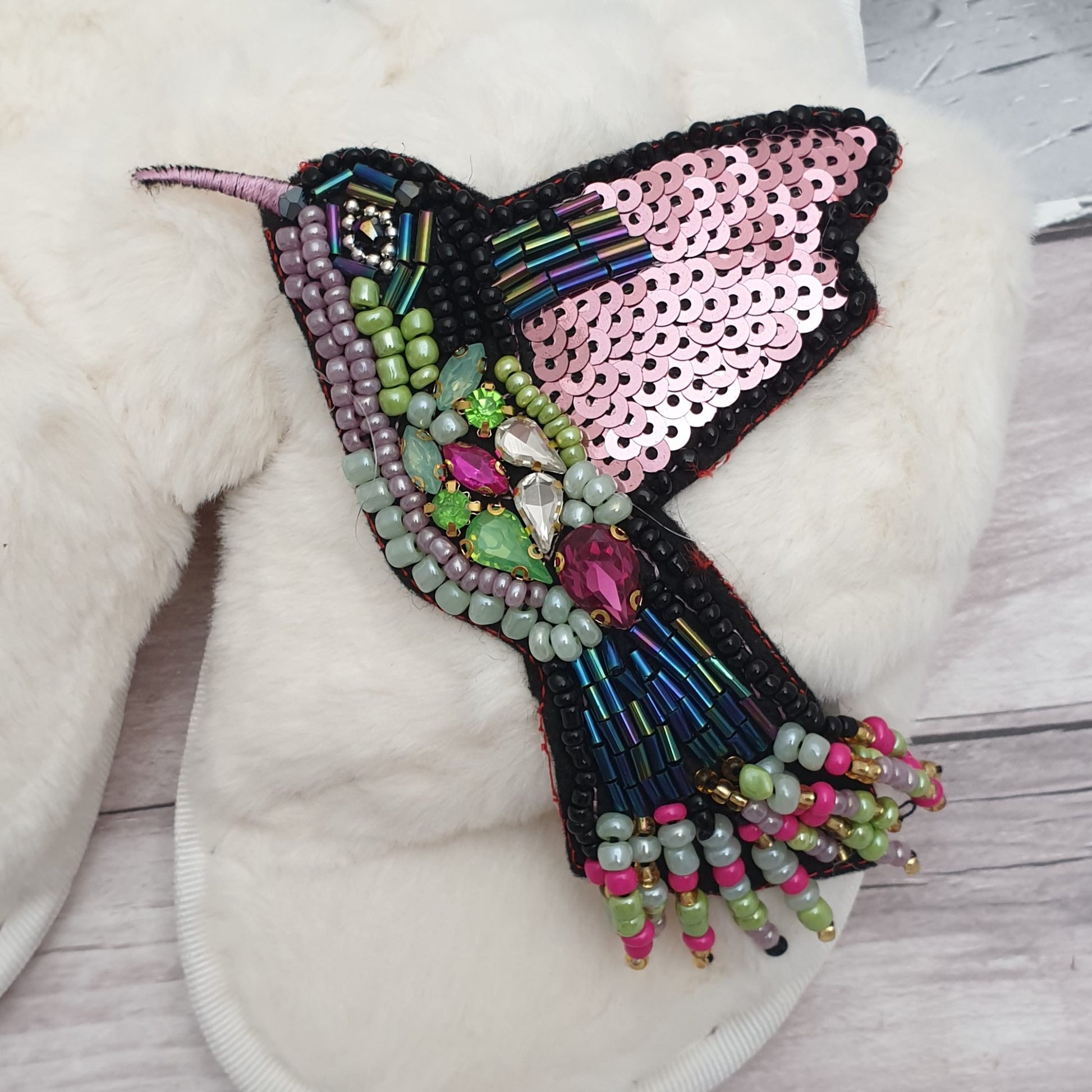 Pink and Green Hummingbird brooch decorated with sequins